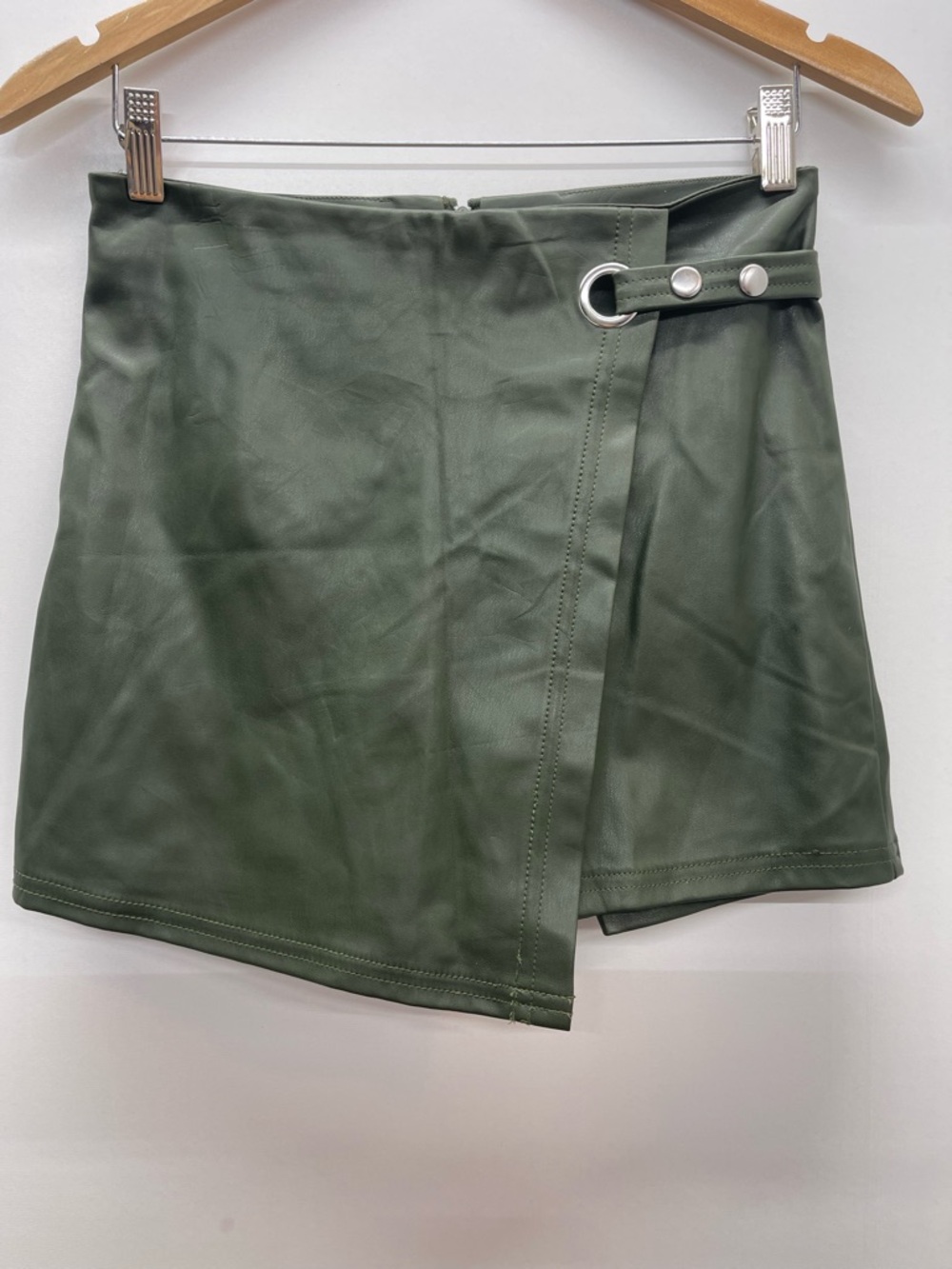 Love Tree Olive Faux Leather Wrap Mini Skort with Silver Hardware